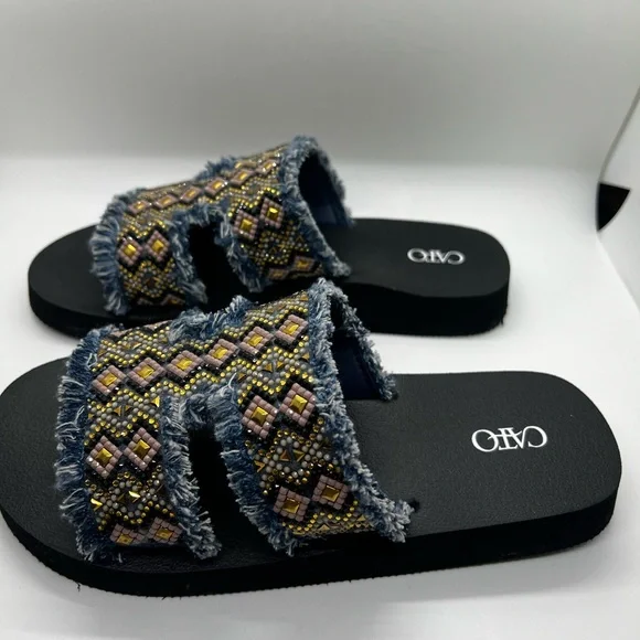 BRAND NEW Cato Beaded Denim Fringe Slide Sandals - Size 7 - Picture 2 of 4